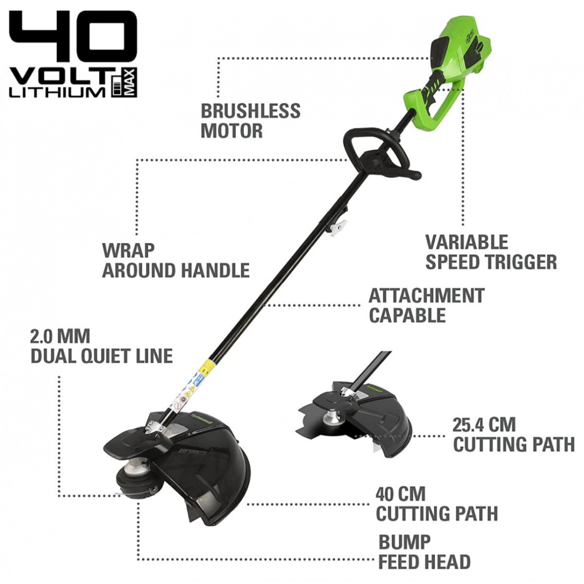 Akumuliatorinis trimeris - žoliapjovė / krūmapjovė Greenworks GD40BCK4, 40 V, 1x4,0 Ah 2 Akumuliatorinis trimeris - žoliapjovė / krūmapjovė Greenworks GD40BCK4, 40 V, 1x4,0 Ah 2