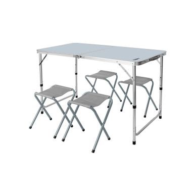 Stovyklavietės stalo ir 4 kėdžių komplektas, sulankstytas į lagaminą Stovyklavietės stalo ir 4 kėdžių komplektas, sulankstytas į lagaminą