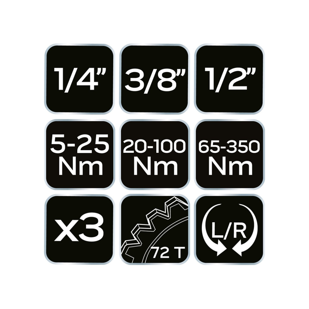 Sukimo momento veržliarakčių 3 dalių rinkinys, 1/4", 3/8", 1/2" 8 Sukimo momento veržliarakčių 3 dalių rinkinys, 1/4", 3/8", 1/2" 8