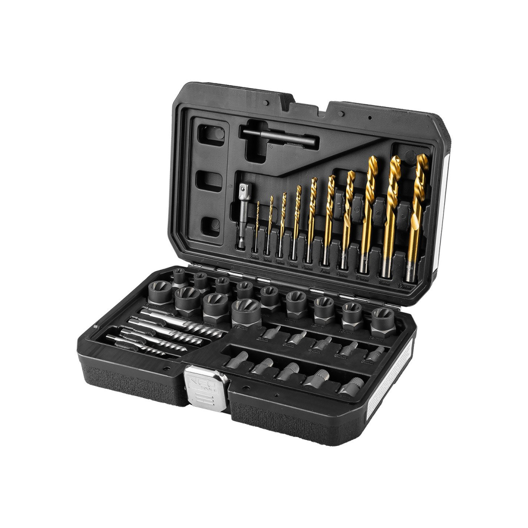 Sulūžusių varžtų rinkinys (su grąžtais ir varžtų ištraukikliu), 40 vienetų