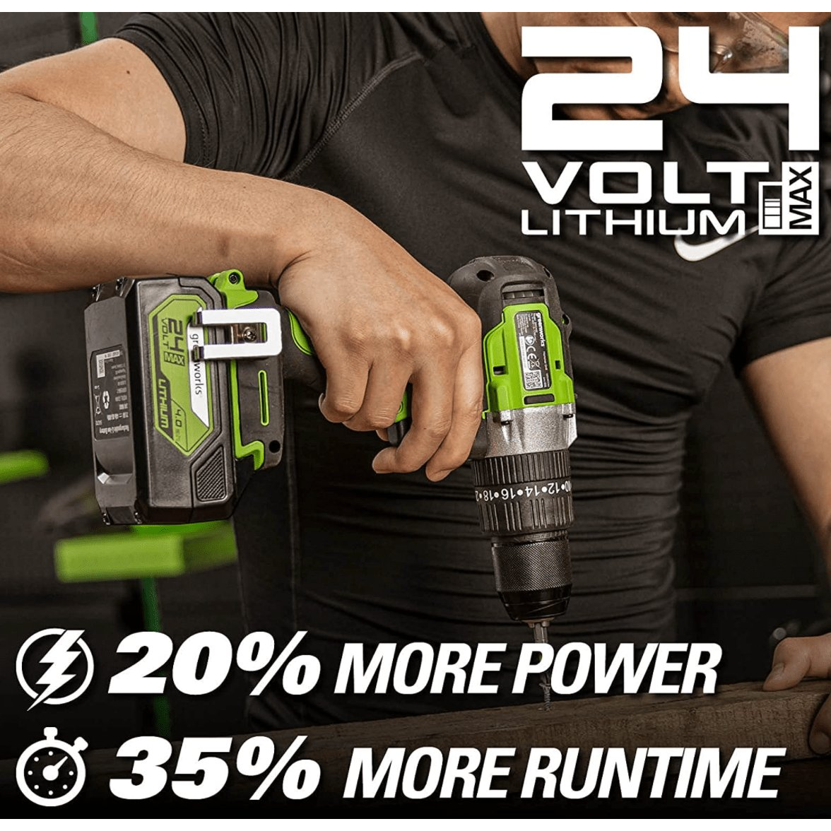 Akumuliatorinis suktuvas-gręžtuvas Greenworks GD24DD60K2, 24 V, 2,0 Ah, 60 Nm 5 Akumuliatorinis suktuvas-gręžtuvas Greenworks GD24DD60K2, 24 V, 2,0 Ah, 60 Nm 5