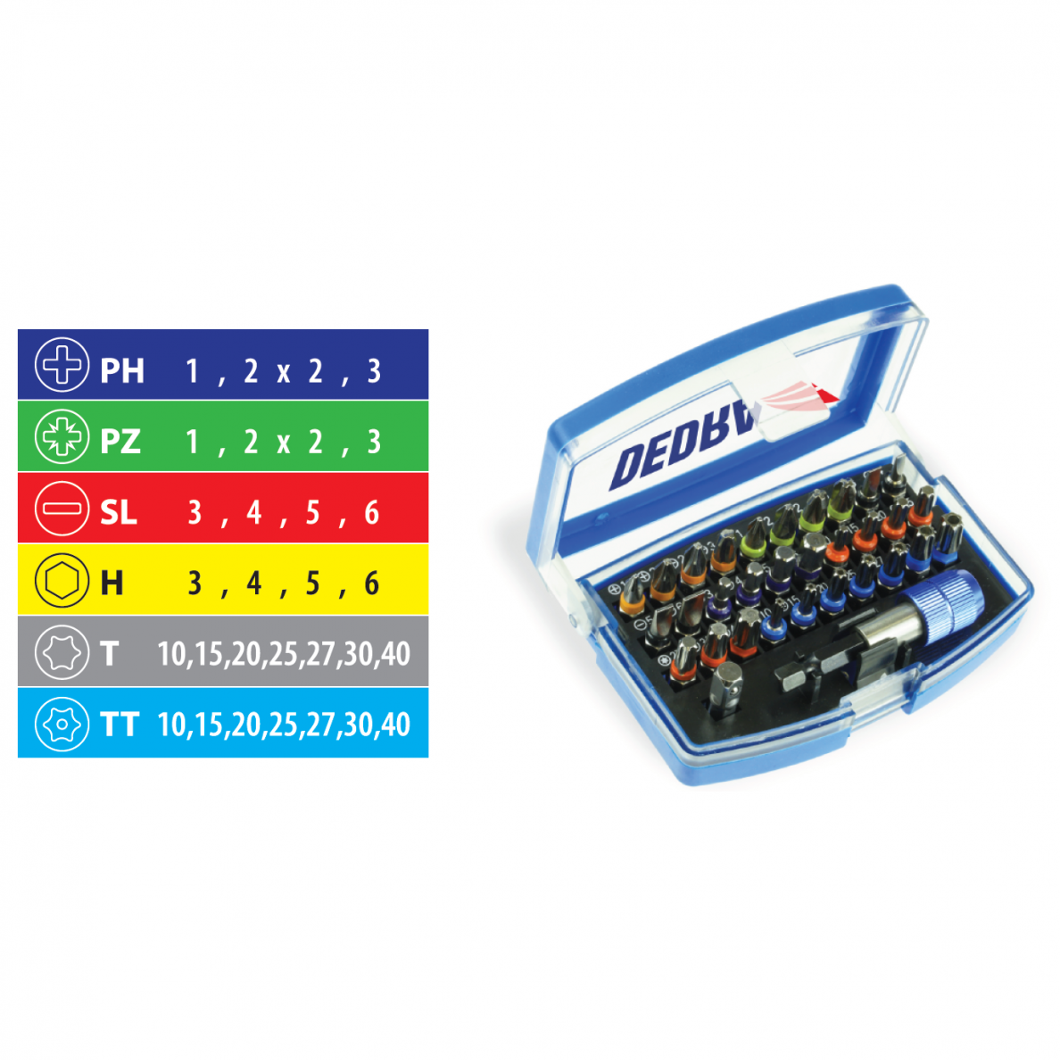 Sukimo antgaliai ir megnetinis laikiklis DEDRA 18A11S032, 32vnt Sukimo antgaliai ir megnetinis laikiklis DEDRA 18A11S032, 32vnt