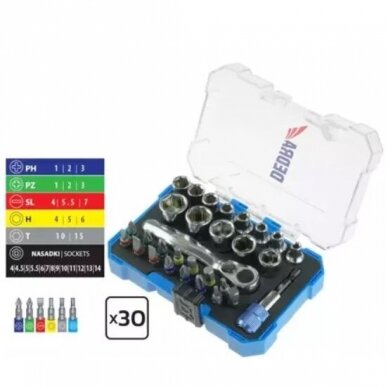 Sukimo antgaliai ir galvutės su terkšlyte DEDRA 18A11S030, 30vnt 1 Sukimo antgaliai ir galvutės su terkšlyte DEDRA 18A11S030, 30vnt 1