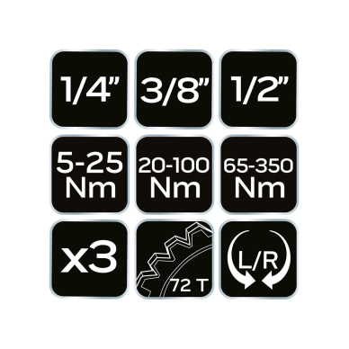 Sukimo momento veržliarakčių 3 dalių rinkinys, 1/4", 3/8", 1/2" 8 Sukimo momento veržliarakčių 3 dalių rinkinys, 1/4", 3/8", 1/2" 8