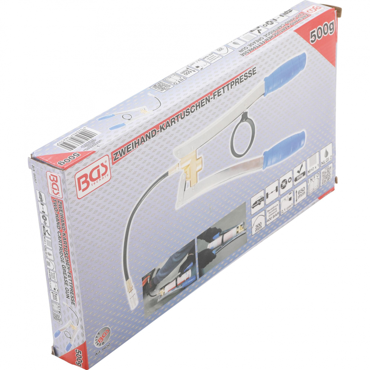 Dviejų rankų tepimo pistoletas BGS-technic, 500 g kasetėms 3 Dviejų rankų tepimo pistoletas BGS-technic, 500 g kasetėms 3