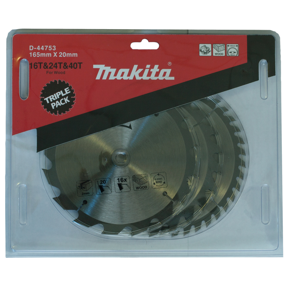 Pjovimo diskas Makita D-44753, 165X2X20mm, 20/20/18° T16/24/40, 3 vnt. Pjovimo diskas Makita D-44753, 165X2X20mm, 20/20/18° T16/24/40, 3 vnt.