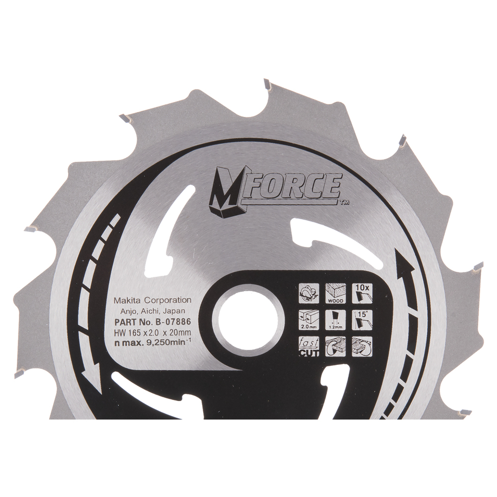 T.C.T. pjovimo diskas Makita B-07886, M-FORCE 165X2X20mm, 15°, T10 T.C.T. pjovimo diskas Makita B-07886, M-FORCE 165X2X20mm, 15°, T10
