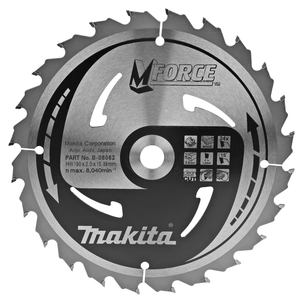 T.C.T. pjovimo diskas Makita B-08062, M-FORCE 190X2X15.88mm, 15°, T24 T.C.T. pjovimo diskas Makita B-08062, M-FORCE 190X2X15.88mm, 15°, T24