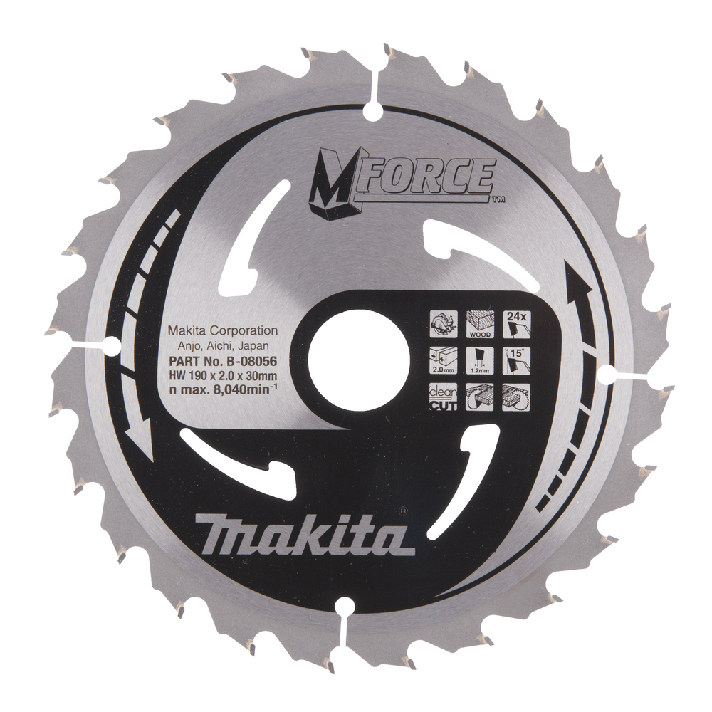 T.C.T. pjovimo diskas Makita B-08056, M-FORCE 190X2X30mm, 15°, T24 1 T.C.T. pjovimo diskas Makita B-08056, M-FORCE 190X2X30mm, 15°, T24 1
