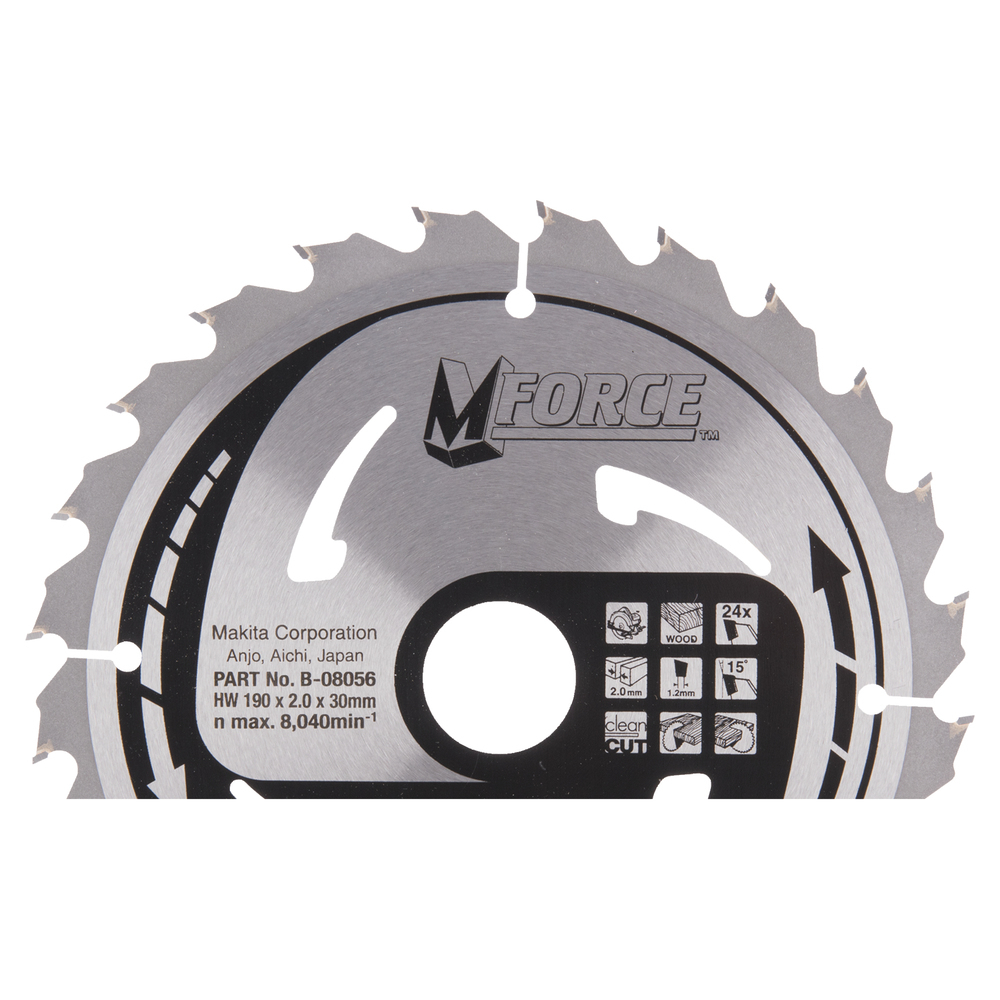 T.C.T. pjovimo diskas Makita B-08056, M-FORCE 190X2X30mm, 15°, T24 T.C.T. pjovimo diskas Makita B-08056, M-FORCE 190X2X30mm, 15°, T24
