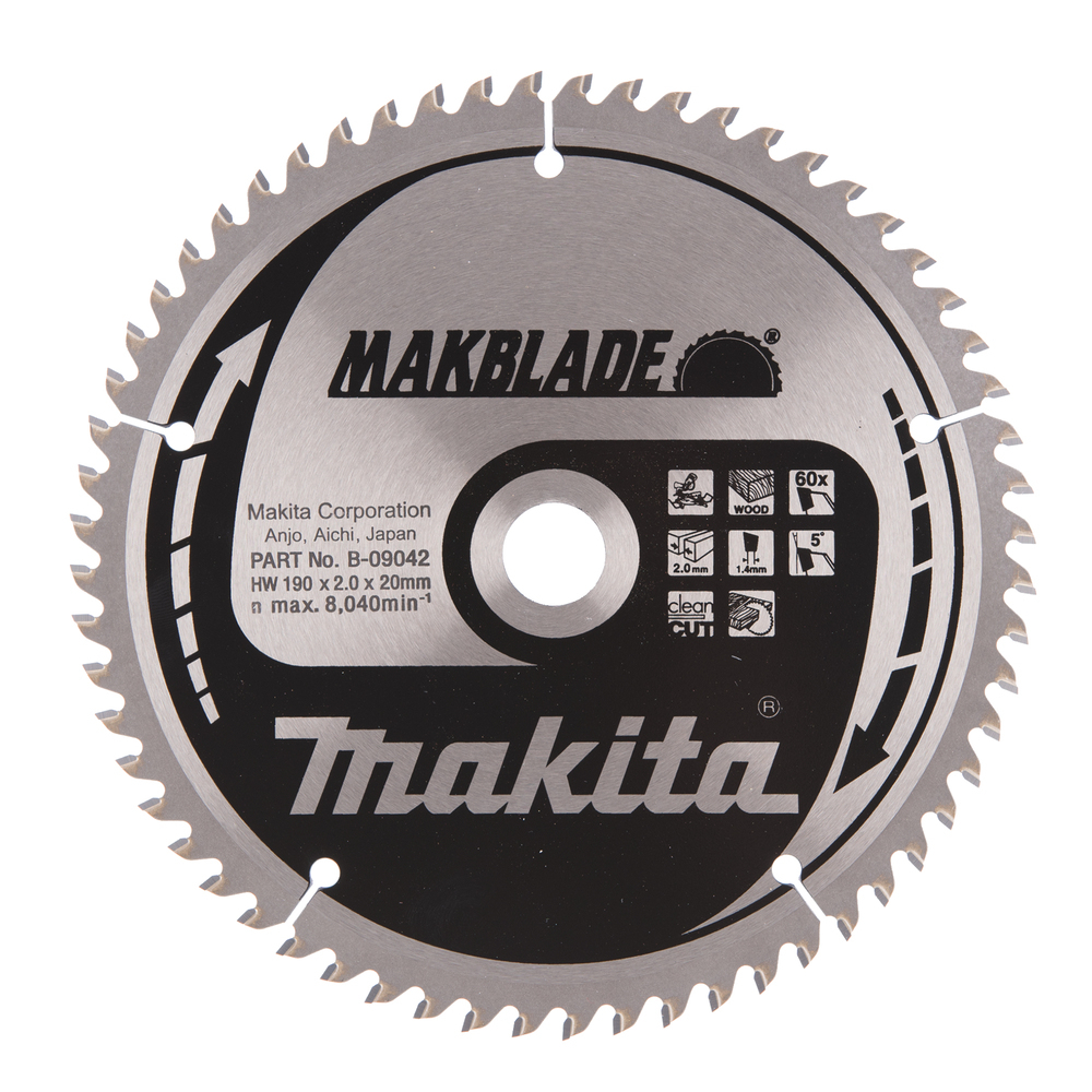 Pjovimo diskas Makita B-09042 MAKBLADE, 190X2X20mm, 5°, T60 1 Pjovimo diskas Makita B-09042 MAKBLADE, 190X2X20mm, 5°, T60 1