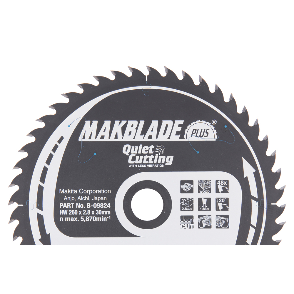 Pjovimo diskas Makita B-09824 MAKBLADE PLUS, 260X2.8X30mm, 20°, T48 Pjovimo diskas Makita B-09824 MAKBLADE PLUS, 260X2.8X30mm, 20°, T48