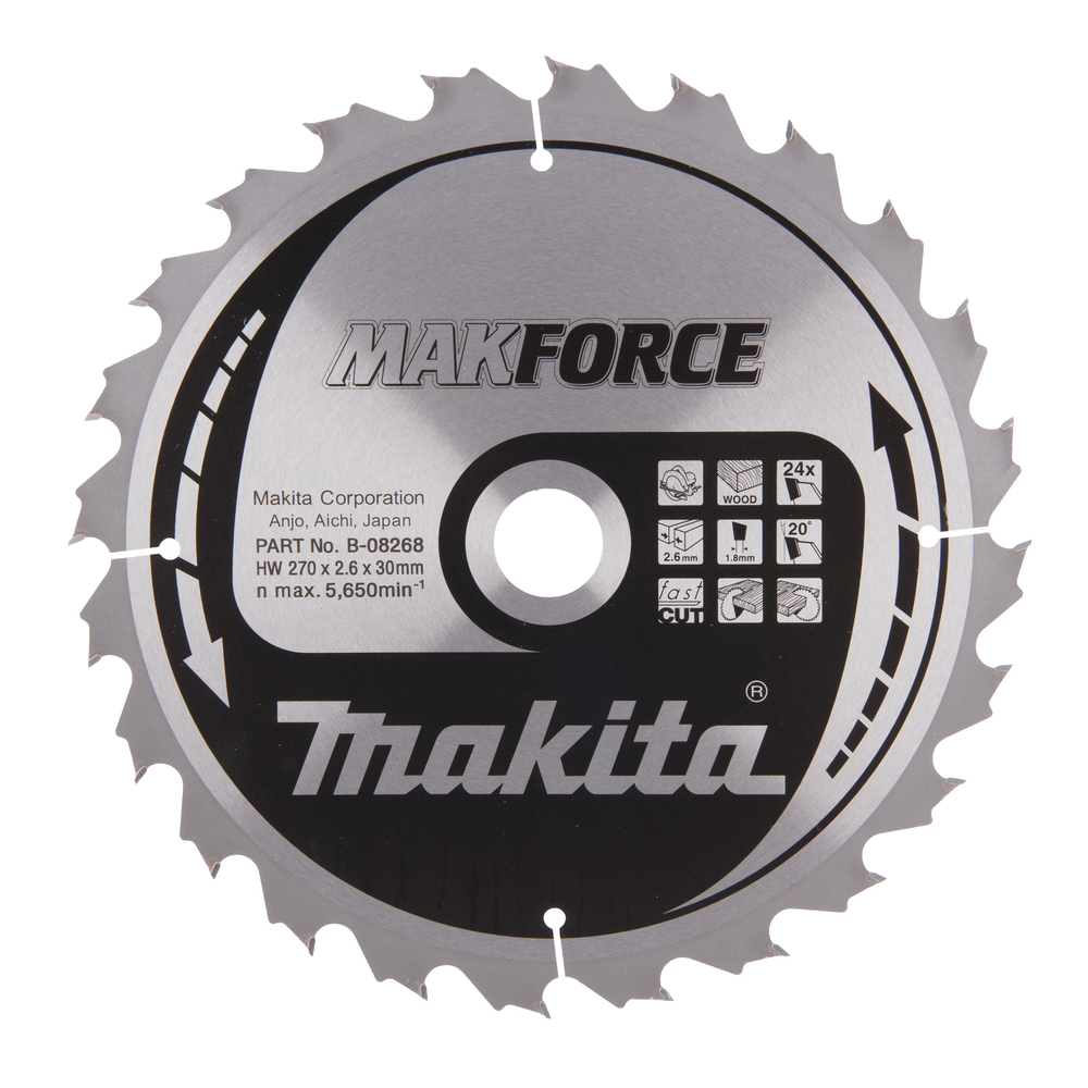 T.C.T. pjovimo diskas Makita B-08268, MAKFORCE 270X2.6X30mm, 20°, T24 1 T.C.T. pjovimo diskas Makita B-08268, MAKFORCE 270X2.6X30mm, 20°, T24 1