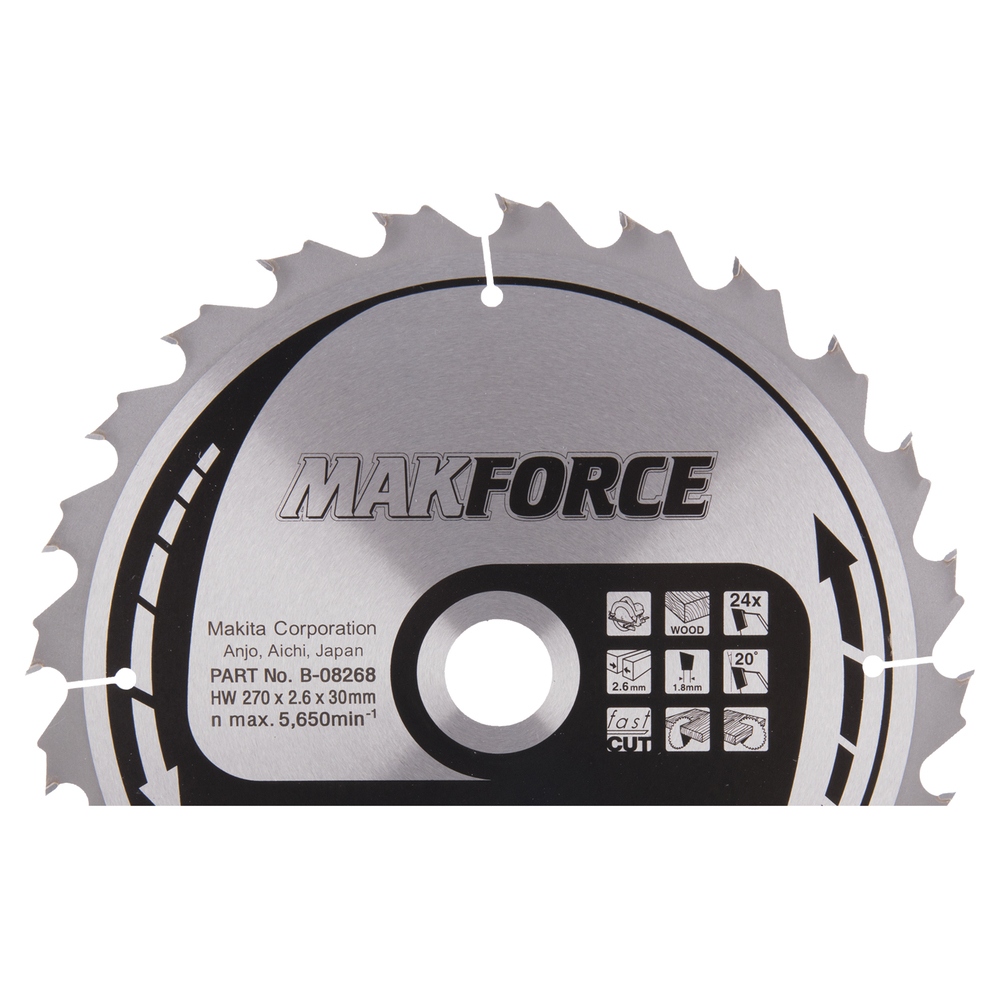 T.C.T. pjovimo diskas Makita B-08268, MAKFORCE 270X2.6X30mm, 20°, T24 T.C.T. pjovimo diskas Makita B-08268, MAKFORCE 270X2.6X30mm, 20°, T24
