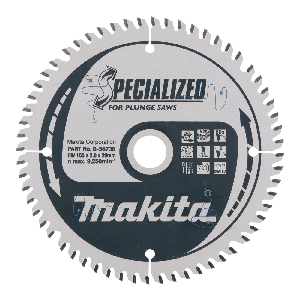 T.C.T. pjūklas SPECIALIZED 165X2X20mm 5° T60 Makita B-56736 1 T.C.T. pjūklas SPECIALIZED 165X2X20mm 5° T60 Makita B-56736 1