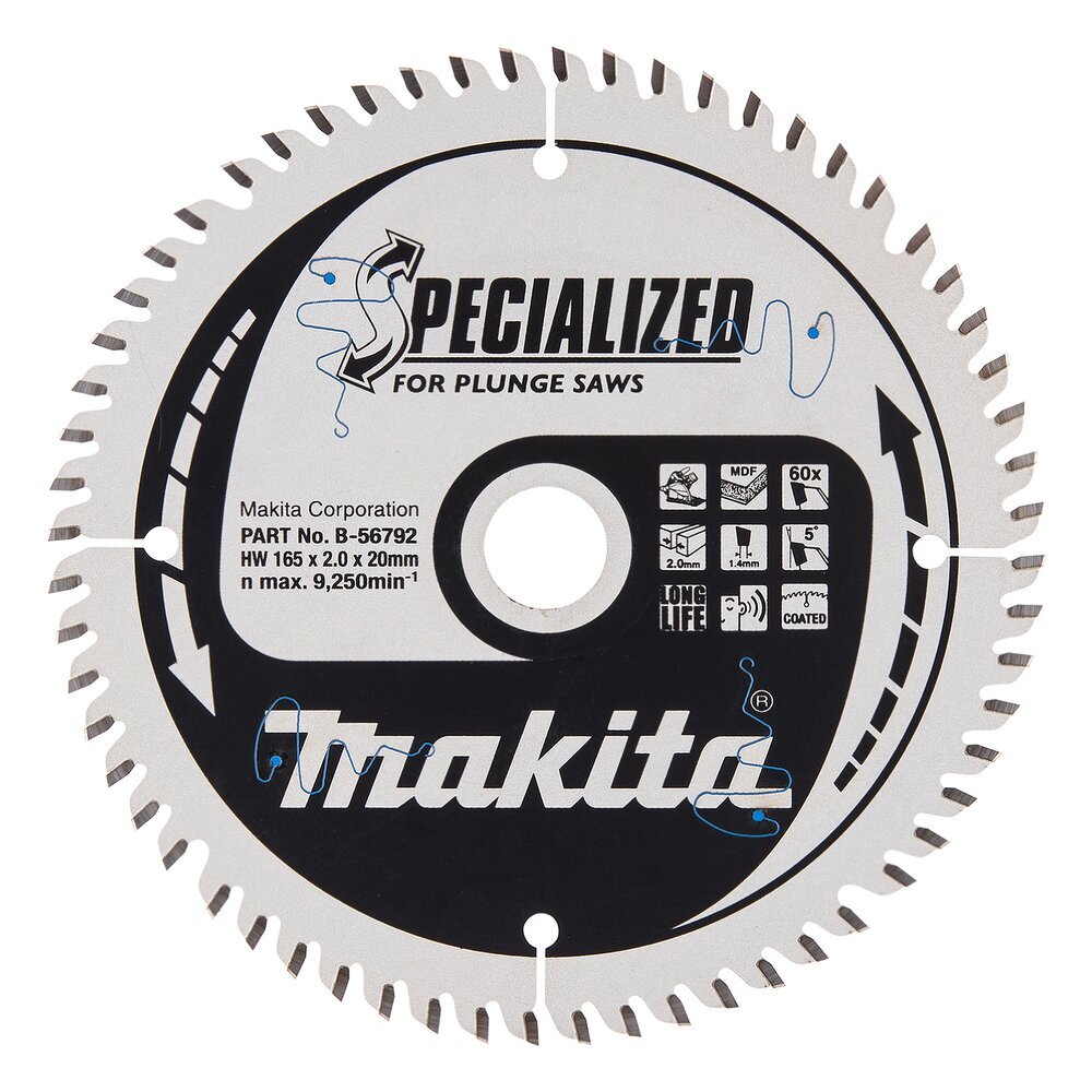 T.C.T. pjūklas Makita B-56792 SPECIALIZED 165X2X20mm 5° T60 T.C.T. pjūklas Makita B-56792 SPECIALIZED 165X2X20mm 5° T60