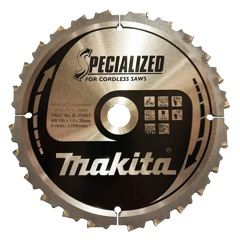 T.C.T. pjūklas SPECIALIZED Makita B-21967, 190X1.9X20mm -18° T24 T.C.T. pjūklas SPECIALIZED Makita B-21967, 190X1.9X20mm -18° T24