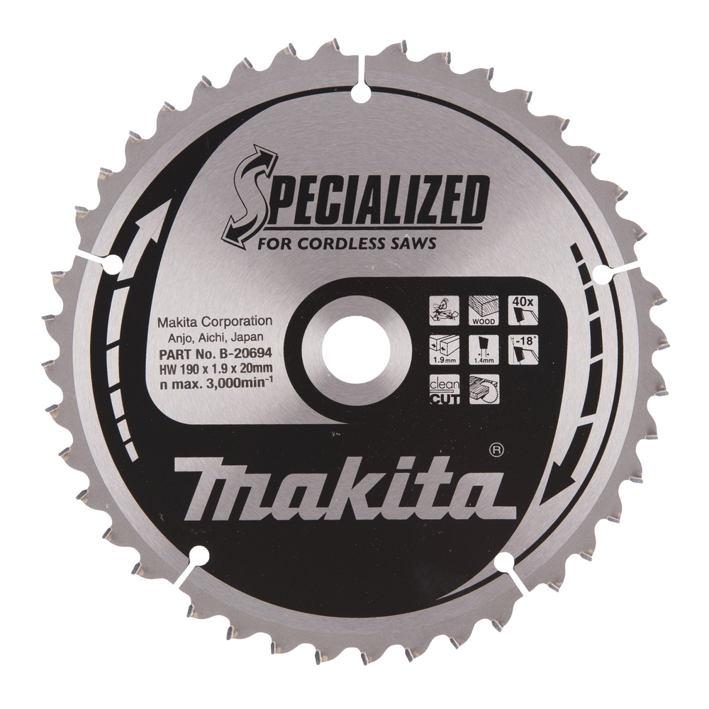 T.C.T. pjūklas SPECIALIZED Makita B-20694, 190X1.9X20mm -18° T40 1