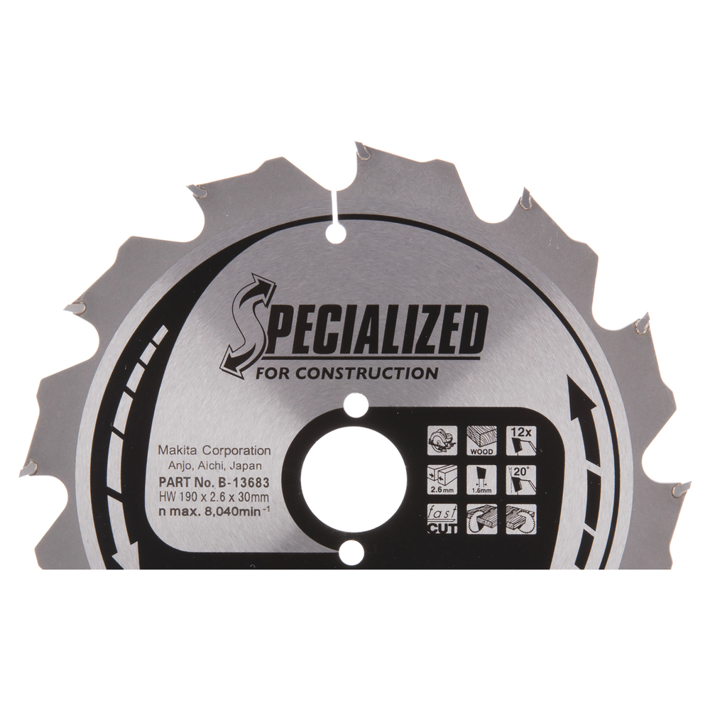 Pjovimo diskas Makita B-13683 SPECIALIZED, 190X2.6X30mm, 20°, T12 Pjovimo diskas Makita B-13683 SPECIALIZED, 190X2.6X30mm, 20°, T12