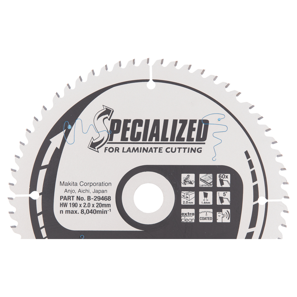 Pjovimo diskas Makita B-29468 SPECIALIZED, 190X2X20mm, 5°, T60 Pjovimo diskas Makita B-29468 SPECIALIZED, 190X2X20mm, 5°, T60