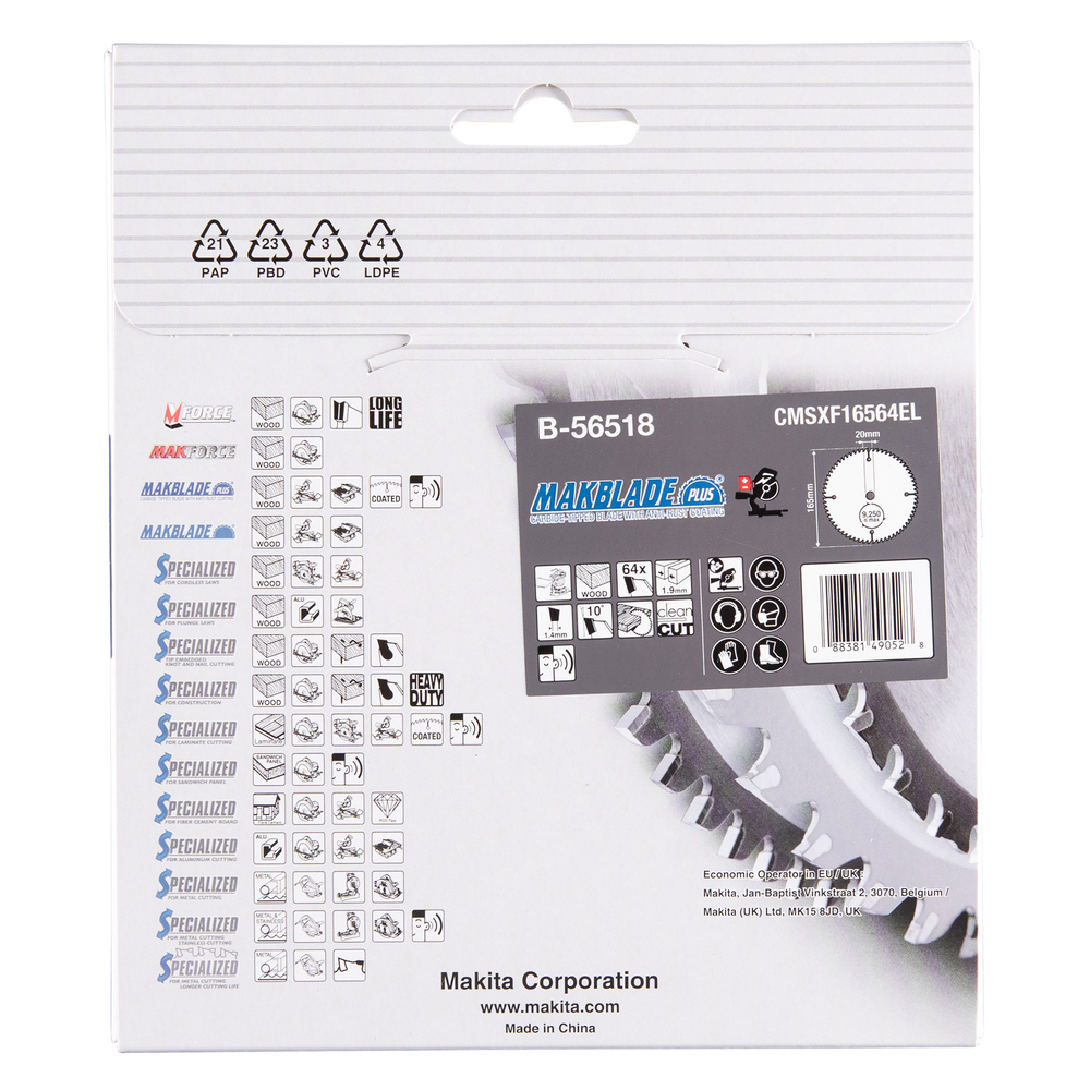 T.C.T. pjūklas MAKBLADE PLUS Makita B-56518, 165X1.9X20mm 10° T64 3 T.C.T. pjūklas MAKBLADE PLUS Makita B-56518, 165X1.9X20mm 10° T64 3