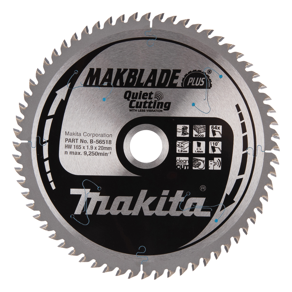 T.C.T. pjūklas MAKBLADE PLUS Makita B-56518, 165X1.9X20mm 10° T64 T.C.T. pjūklas MAKBLADE PLUS Makita B-56518, 165X1.9X20mm 10° T64
