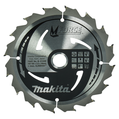 T.C.T. pjovimo diskas Makita B-31930, M-FORCE 165X2X20mm 15° T16 T.C.T. pjovimo diskas Makita B-31930, M-FORCE 165X2X20mm 15° T16