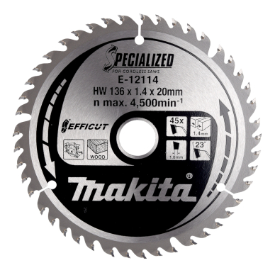 T.C.T. pjūklas 136X1.4X20mm 23° T45 EFFICUT Makita E-12114 T.C.T. pjūklas 136X1.4X20mm 23° T45 EFFICUT Makita E-12114