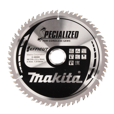 Pjovimo diskas Makita E-08888, 216X30X2,0mm, 10°, T60 Pjovimo diskas Makita E-08888, 216X30X2,0mm, 10°, T60