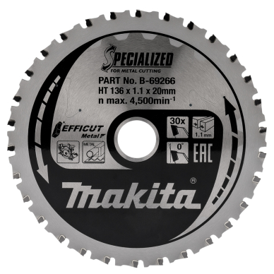 Pjovimo diskas Makita B-69266 EFFICUT METAL,136X1.1X20mm, 0°, T30 Pjovimo diskas Makita B-69266 EFFICUT METAL,136X1.1X20mm, 0°, T30