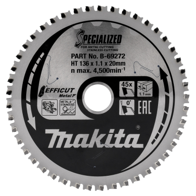 Pjovimo diskas Makita B-69272 EFFICUT METAL, 136X1.1X20mm, 0°, T45 Pjovimo diskas Makita B-69272 EFFICUT METAL, 136X1.1X20mm, 0°, T45