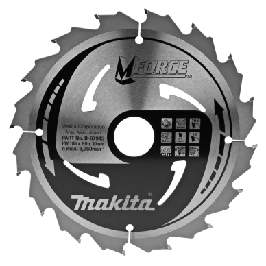 T.C.T. pjovimo diskas Makita B-07945, M-FORCE 185X2X30mm, 15°, T16 T.C.T. pjovimo diskas Makita B-07945, M-FORCE 185X2X30mm, 15°, T16