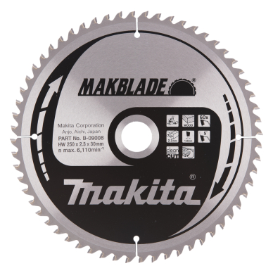 Pjovimo diskas Makita B-09008 MAKBLADE, 250X2.3X30mm, 5°, T60 1 Pjovimo diskas Makita B-09008 MAKBLADE, 250X2.3X30mm, 5°, T60 1