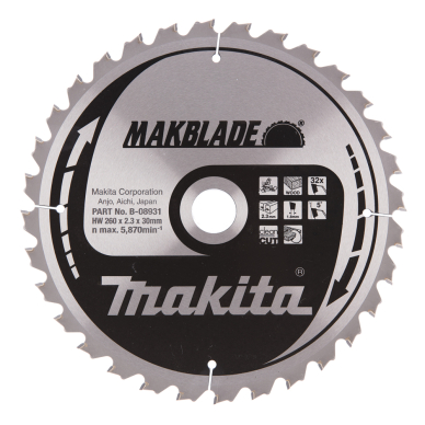 Pjovimo diskas Makita B-08931 MAKBLADE 260X2.3X30mm 5° T32 1 Pjovimo diskas Makita B-08931 MAKBLADE 260X2.3X30mm 5° T32 1
