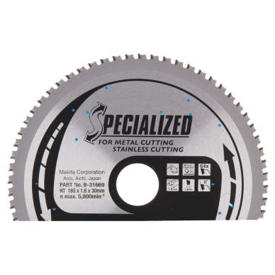 T.C.T. pjūklas SPECIALIZED 185X1.6X30mm 0° T64 Makita B-31669 T.C.T. pjūklas SPECIALIZED 185X1.6X30mm 0° T64 Makita B-31669