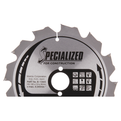 Pjovimo diskas Makita B-13683 SPECIALIZED, 190X2.6X30mm, 20°, T12 Pjovimo diskas Makita B-13683 SPECIALIZED, 190X2.6X30mm, 20°, T12