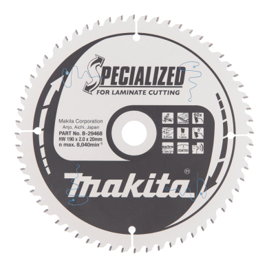 Pjovimo diskas Makita B-29468 SPECIALIZED, 190X2X20mm, 5°, T60 1 Pjovimo diskas Makita B-29468 SPECIALIZED, 190X2X20mm, 5°, T60 1