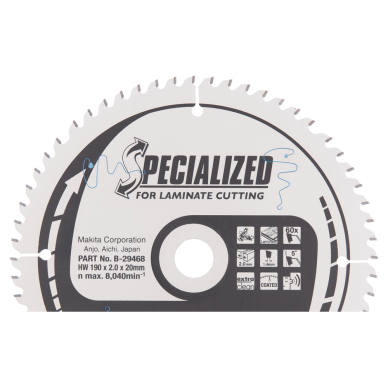 Pjovimo diskas Makita B-29468 SPECIALIZED, 190X2X20mm, 5°, T60 Pjovimo diskas Makita B-29468 SPECIALIZED, 190X2X20mm, 5°, T60