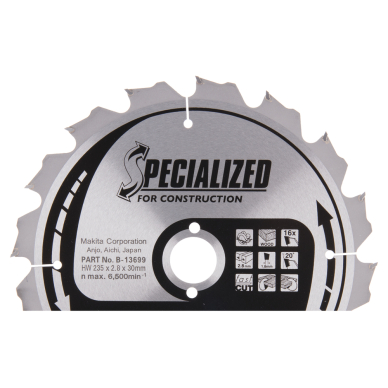 T.C.T. pjūklas SPECIALIZED 235X2.8X30mm 20° T16 Makita B-13699 T.C.T. pjūklas SPECIALIZED 235X2.8X30mm 20° T16 Makita B-13699