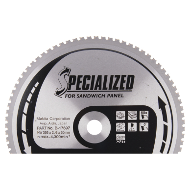 Pjovimo diskai Makita B-17697 SPECIALIZED, 355X2.6X30mm, 0°, T80 Pjovimo diskai Makita B-17697 SPECIALIZED, 355X2.6X30mm, 0°, T80