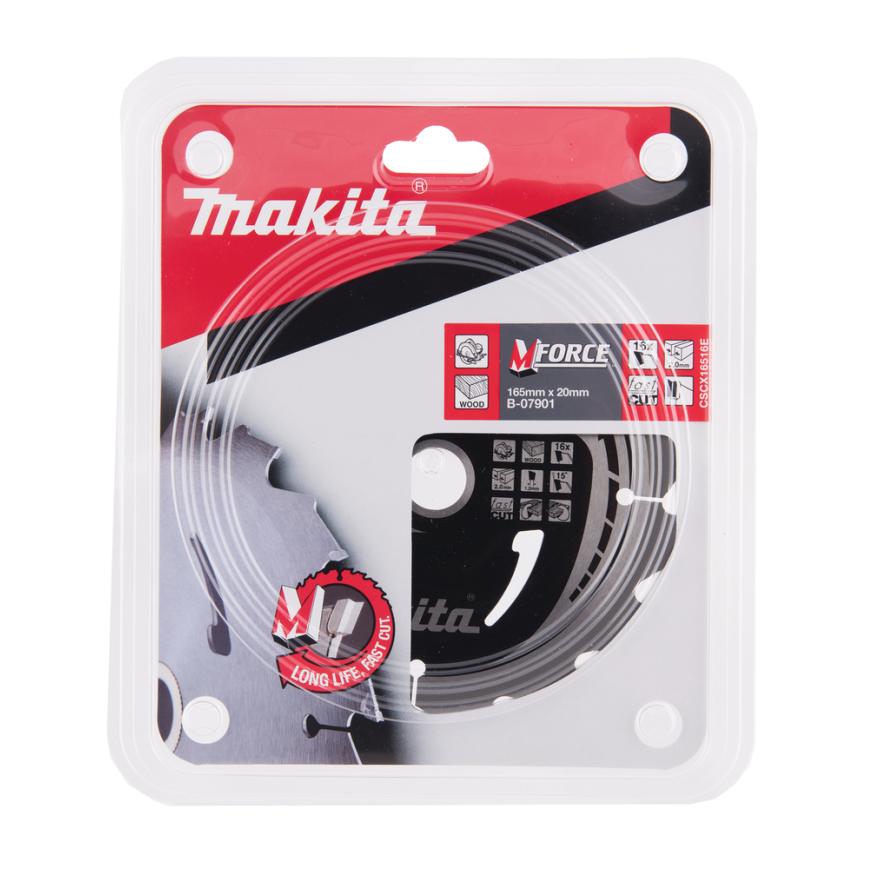 T.C.T. pjovimo diskas Makita B-07901, M-FORCE 165X2X20mm, 15°, T16 2 T.C.T. pjovimo diskas Makita B-07901, M-FORCE 165X2X20mm, 15°, T16 2