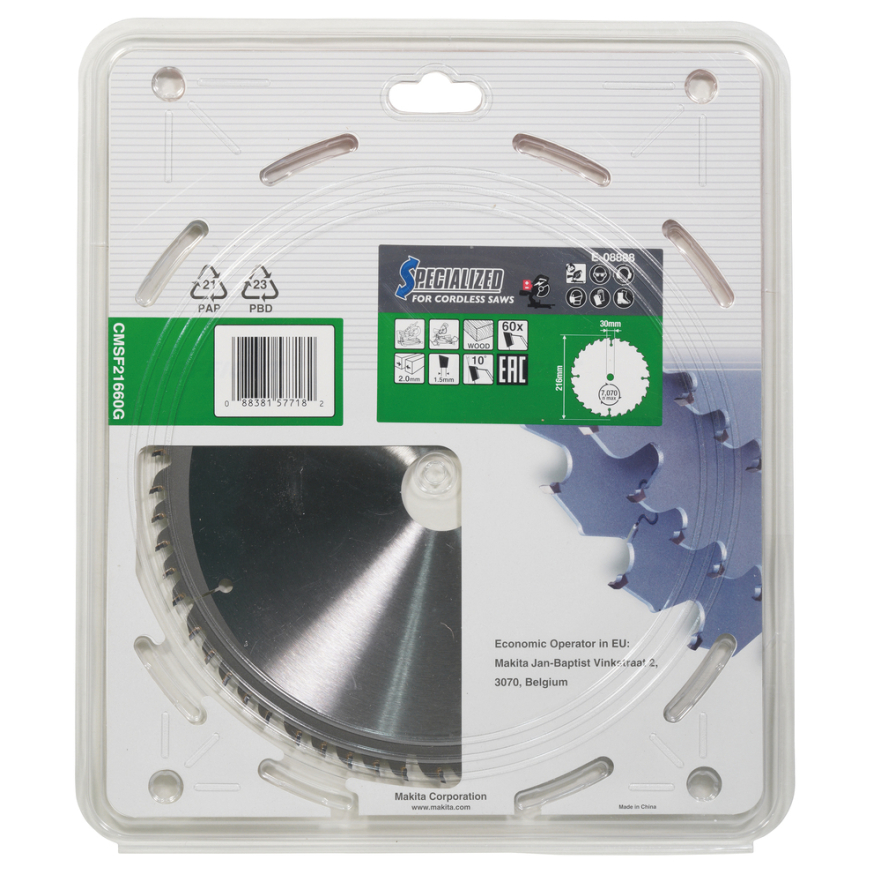 Pjovimo diskas Makita E-08888, 216X30X2,0mm, 10°, T60 2 Pjovimo diskas Makita E-08888, 216X30X2,0mm, 10°, T60 2