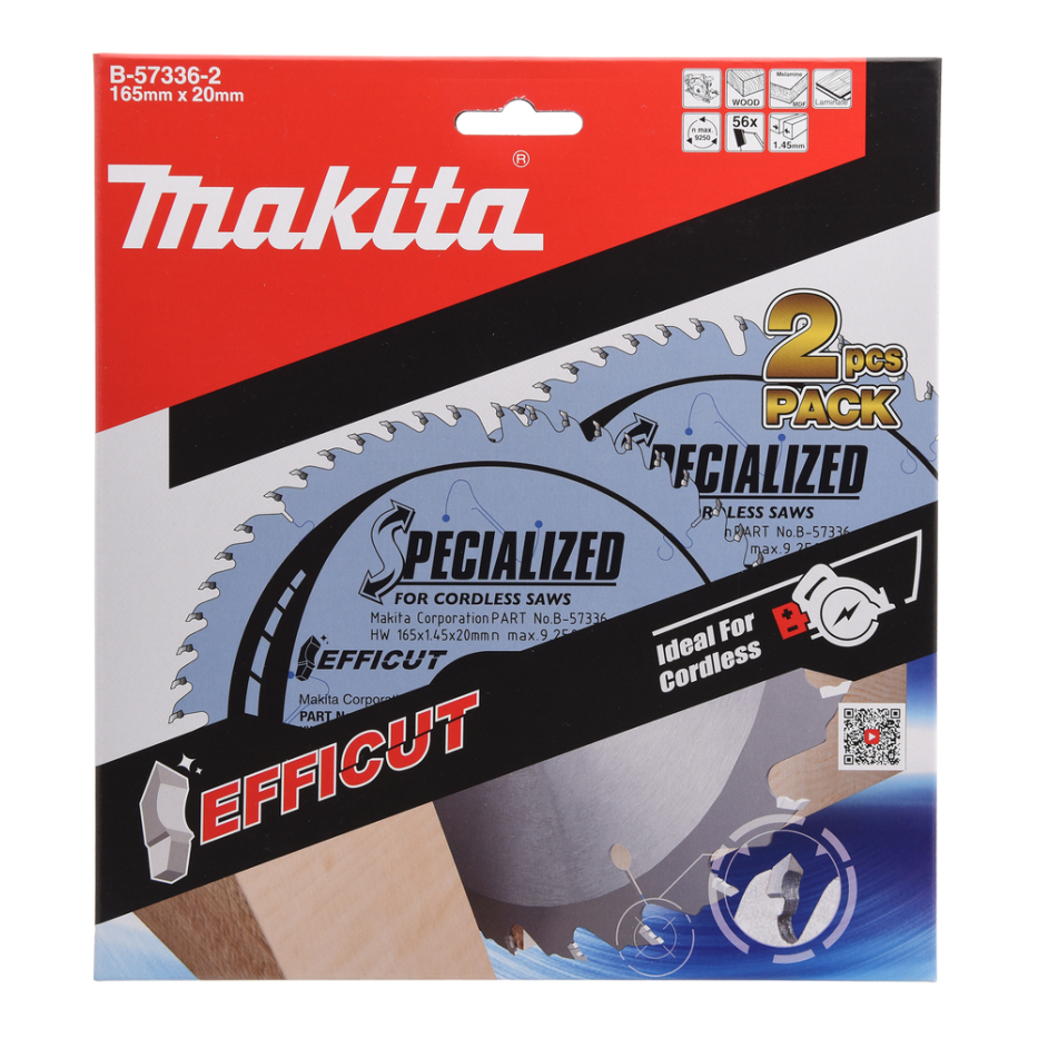 T.C.T. pjūklas medienai/ MDF/laminatui 165X1.45X20mm 23° T56 EFFICUT 2 vnt. Makita B-57336-2 1 T.C.T. pjūklas medienai/ MDF/laminatui 165X1.45X20mm 23° T56 EFFICUT 2 vnt. Makita B-57336-2 1