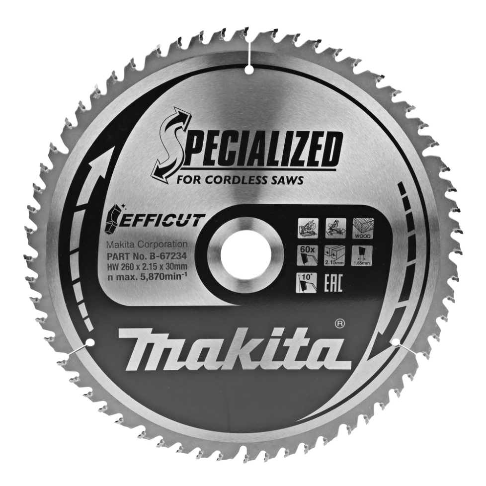 Pjovimo diskas Makita B-67234, EFFICUT 260X2.15X30mm, 10°, T60 Pjovimo diskas Makita B-67234, EFFICUT 260X2.15X30mm, 10°, T60