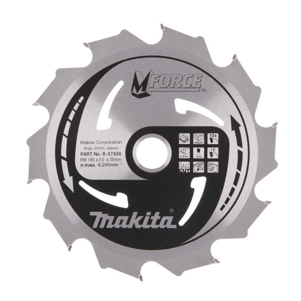T.C.T. pjovimo diskas Makita B-07886, M-FORCE 165X2X20mm, 15°, T10 1 T.C.T. pjovimo diskas Makita B-07886, M-FORCE 165X2X20mm, 15°, T10 1