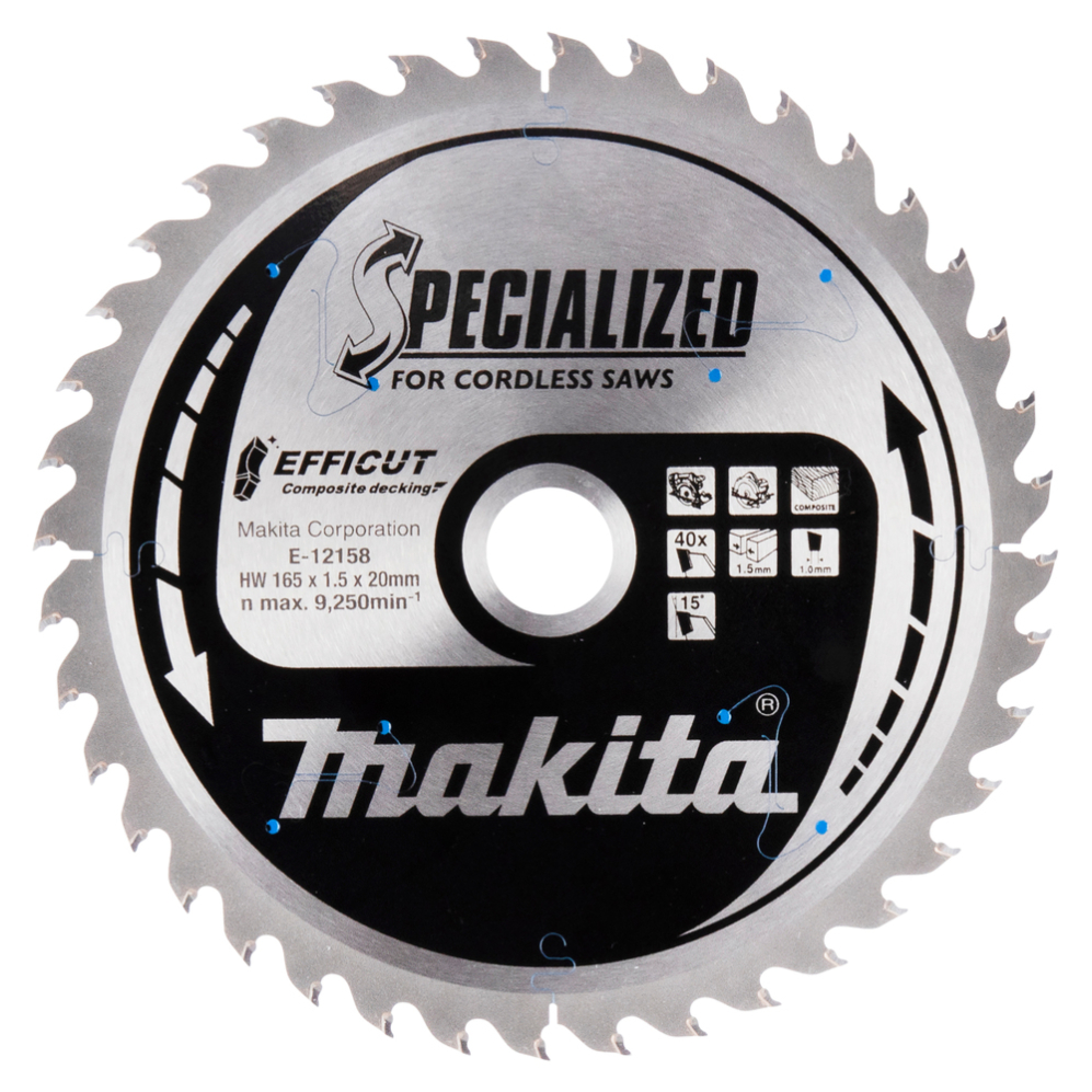 T.C.T. pjūklas 165X1.5X20mm 15° T40 EFFICUT klijuotoms plokštėms Makita E-12158 T.C.T. pjūklas 165X1.5X20mm 15° T40 EFFICUT klijuotoms plokštėms Makita E-12158