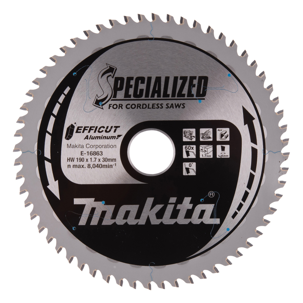 T.C.T. pjovimo diskai aliuminiui, 190 x 30 mm, 60T, EFFICUT Makita E-16863 T.C.T. pjovimo diskai aliuminiui, 190 x 30 mm, 60T, EFFICUT Makita E-16863