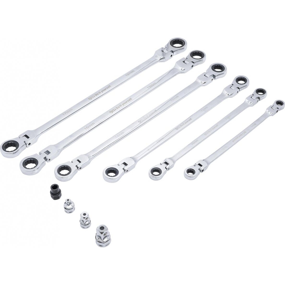 Terkšliniai dvipusiai ilgi raktai | šarnyriniai | su adapteriais | 8x9 - 17x19 mm | 10 vnt. (91541) Terkšliniai dvipusiai ilgi raktai | šarnyriniai | su adapteriais | 8x9 - 17x19 mm | 10 vnt. (91541)