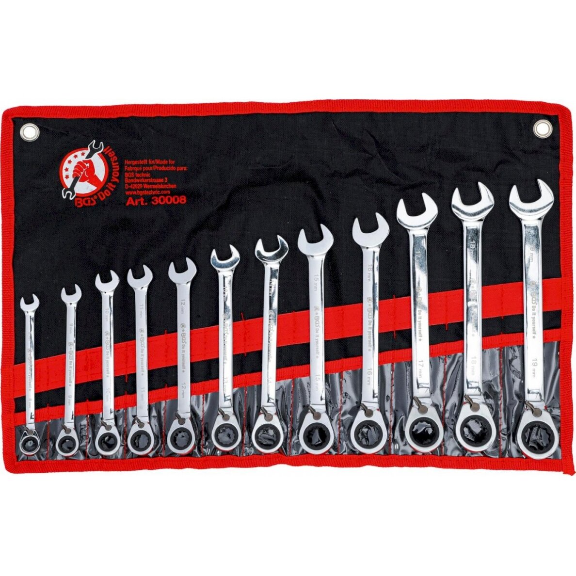 Terkšlinių raktų rinkinys | su reversu | 8 - 19 mm | 12 vnt. (30008)