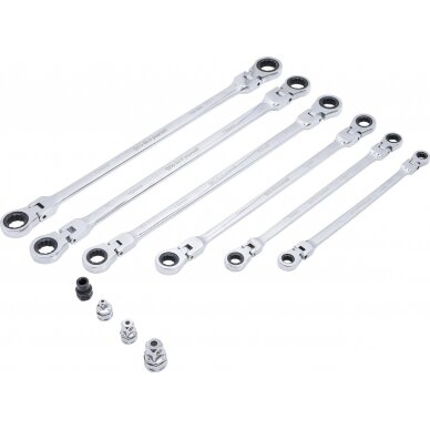 Terkšliniai dvipusiai ilgi raktai | šarnyriniai | su adapteriais | 8x9 - 17x19 mm | 10 vnt. (91541) Terkšliniai dvipusiai ilgi raktai | šarnyriniai | su adapteriais | 8x9 - 17x19 mm | 10 vnt. (91541)